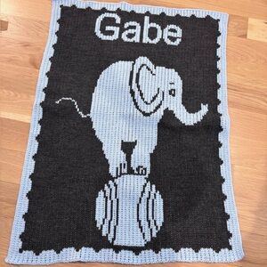 Personalized 'Gabe' Elephant Crochet Baby Blanket - Black & Light Blue